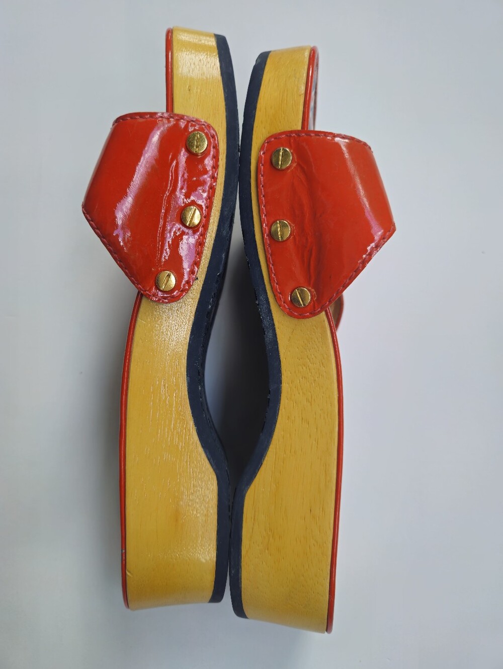 Tory Burch Vintage Orange Patent Leather Wooden Platform Clogs Slide Sandals 6.5 - Picture 12 of 16